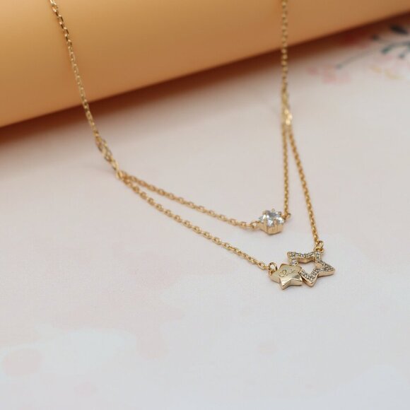 "Double-Layered Rose Gold Necklace with Sparkling Star Charms, XPNL0152 - Picture 13 of 14
